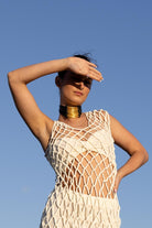 Front view of Zokkibee Asanti choker necklace with leather band and gold plated brass accents