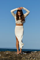 Front view of Zokkibee Bella long sleeve cotton crop top with fitted silhouette