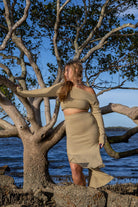 Front view of Zokkibee Bella long sleeve cotton crop top with fitted silhouette