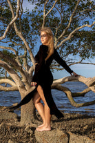 Side angle of Zokkibee Bella long sleeve crop top in cotton with modern cropped fit