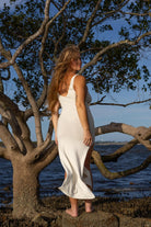 Back view of Zokkibee Bianca knitted cotton dress showing soft cotton knit details