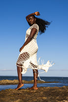 Side view of Zokkibee Inka Diamond fringe dress with artisan macramé knots and long fringe