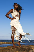Side view of Zokkibee Inka Diamond fringe dress with artisan macramé knots and long fringe