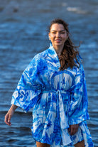 Front view of Zokkibee Magic Garden linen shirt dress with button-down design and relaxed fit