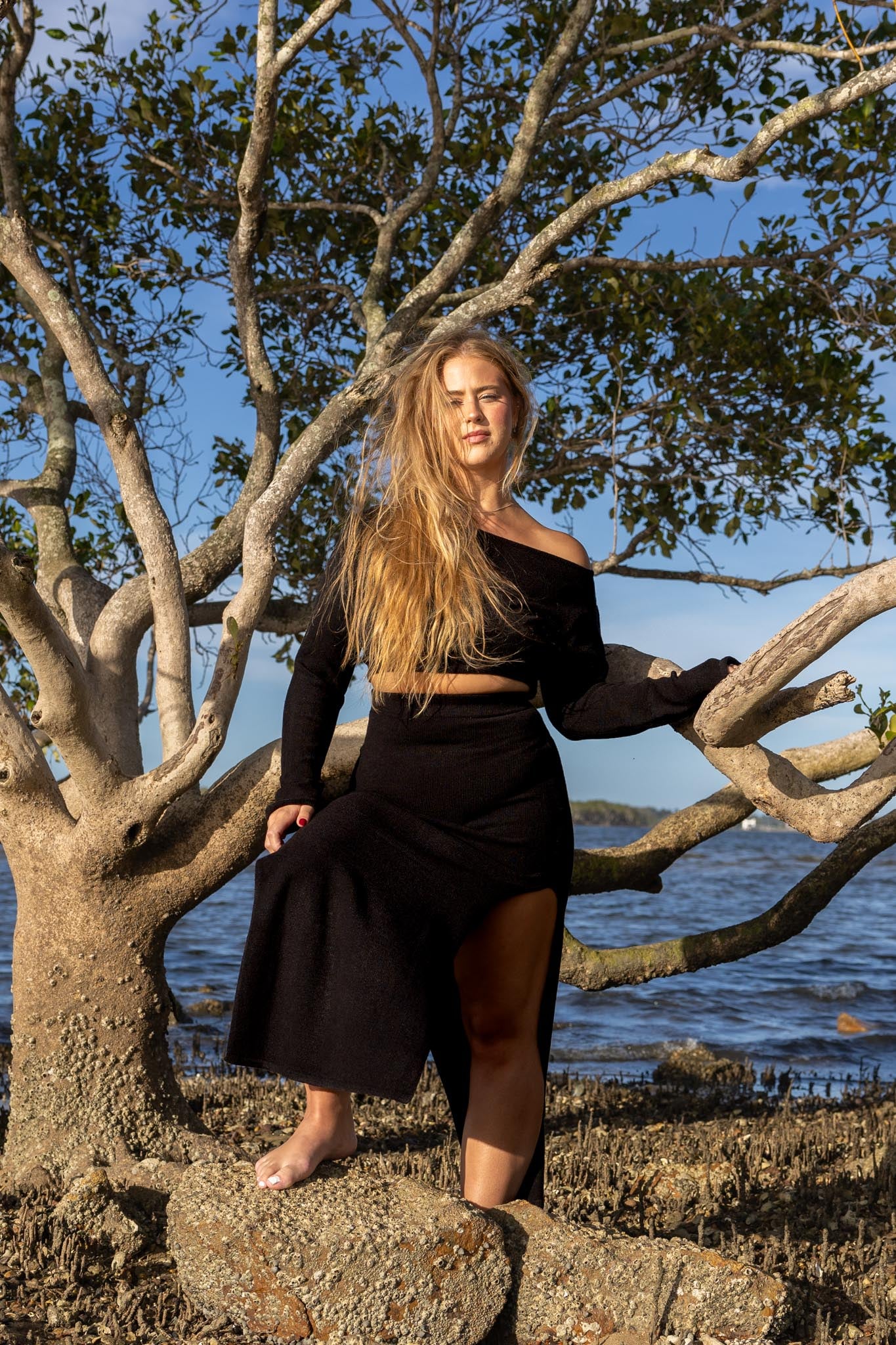 Front view of Zokkibee Bella long sleeve cotton crop top with fitted silhouette