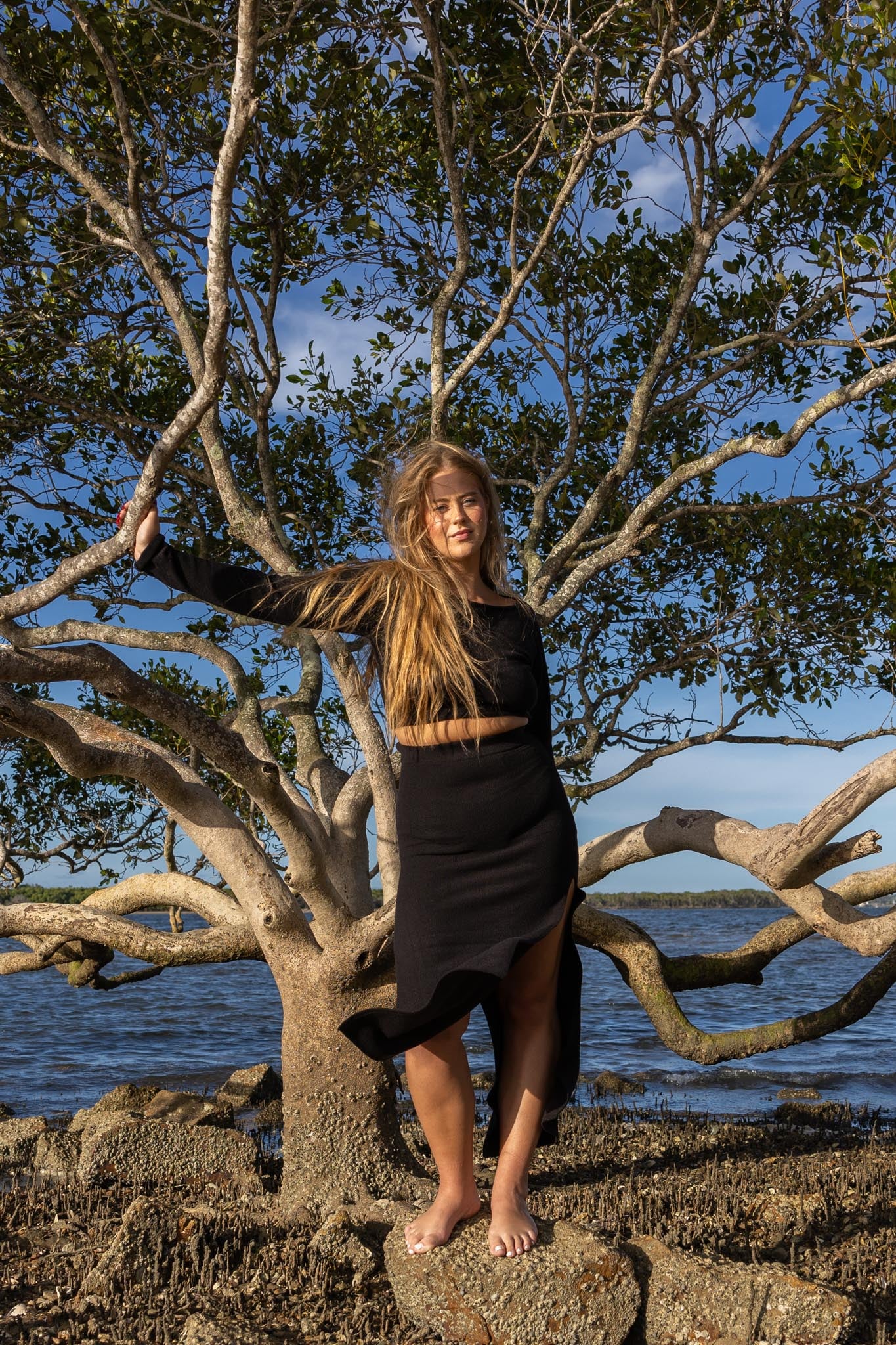 Model wearing Zokkibee Bella long sleeve cotton crop top styled for everyday fashion