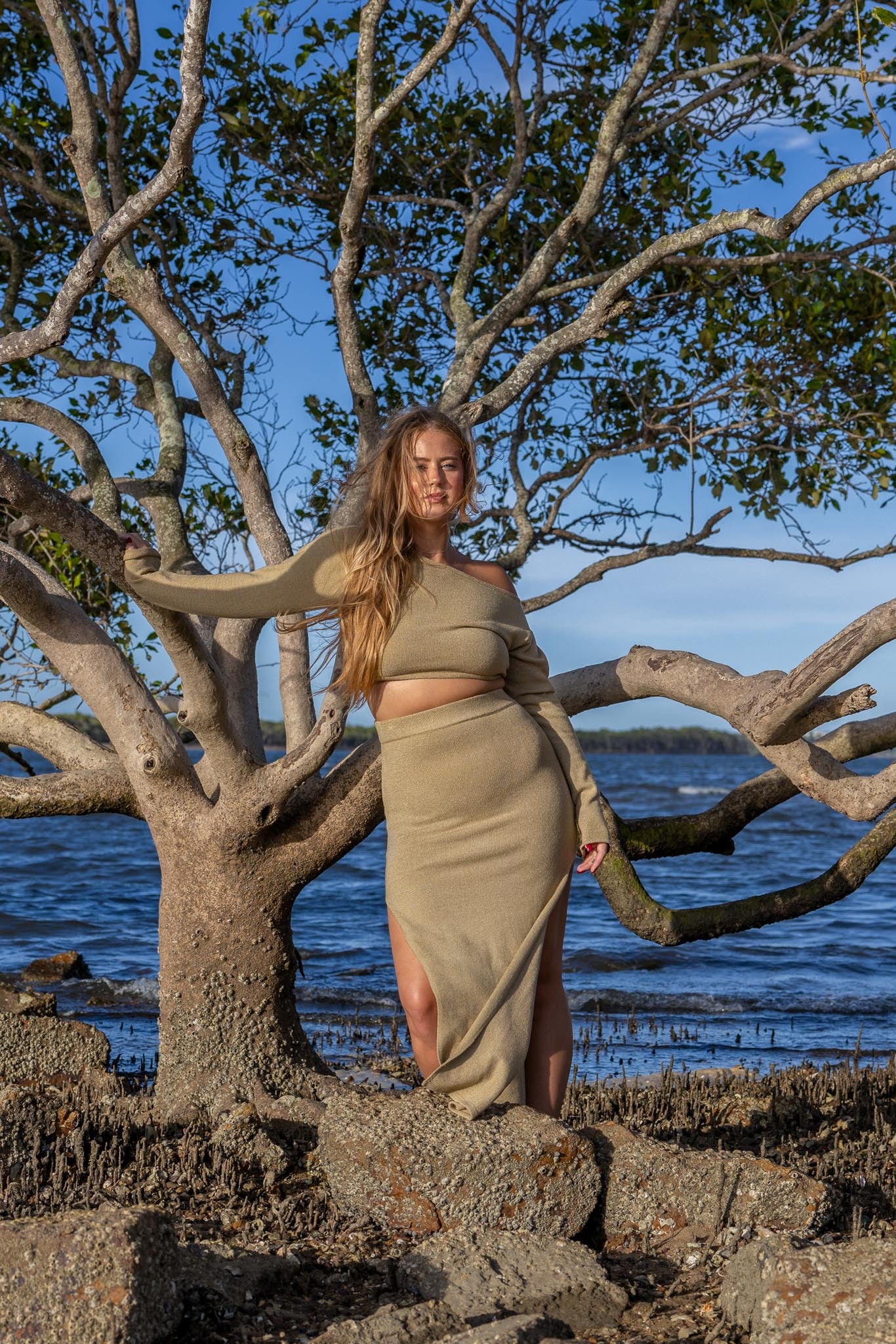 Front view of Zokkibee Bella long sleeve cotton crop top with fitted silhouette