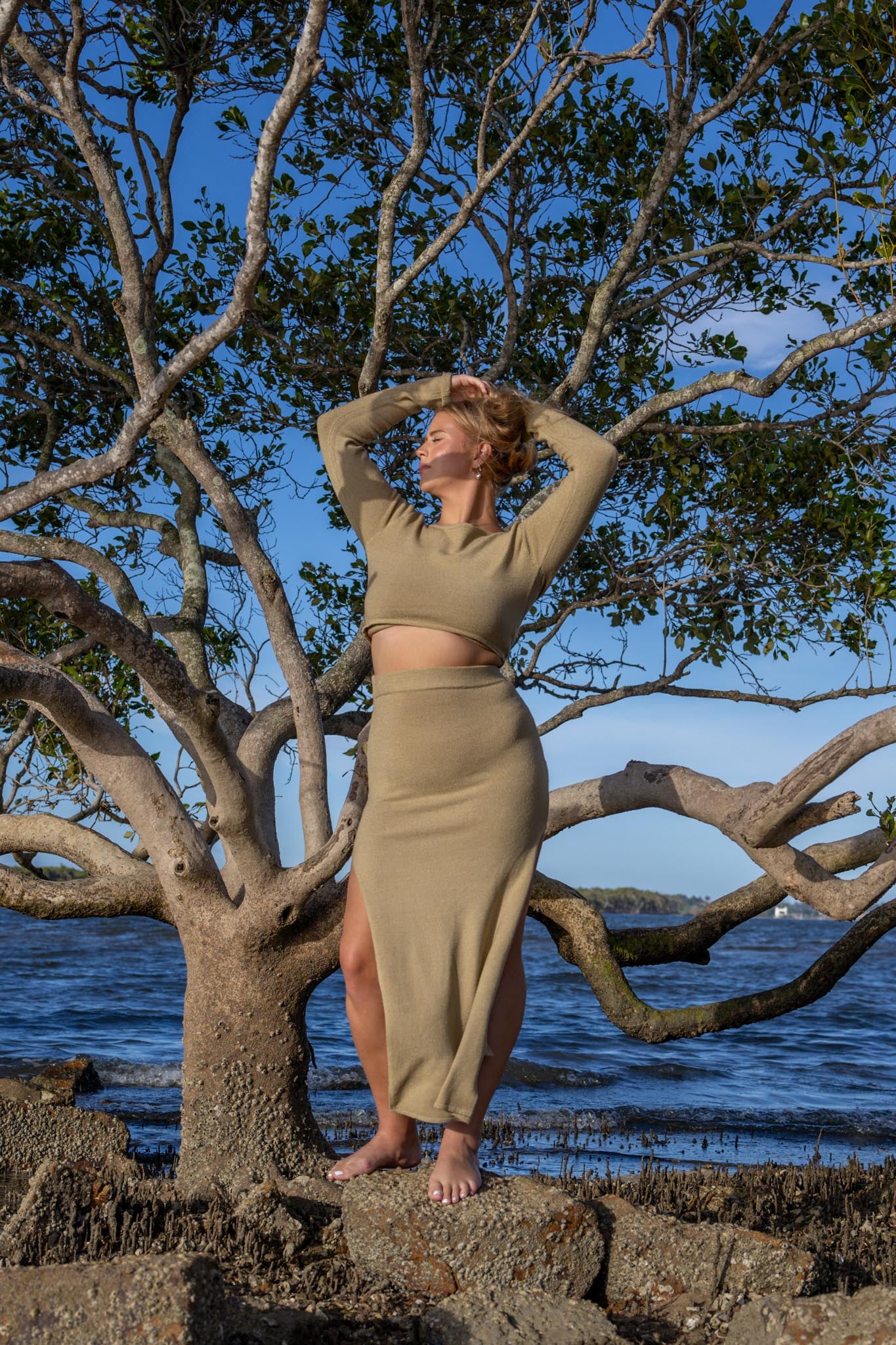 Front view of Zokkibee Bella long sleeve cotton crop top with fitted silhouette