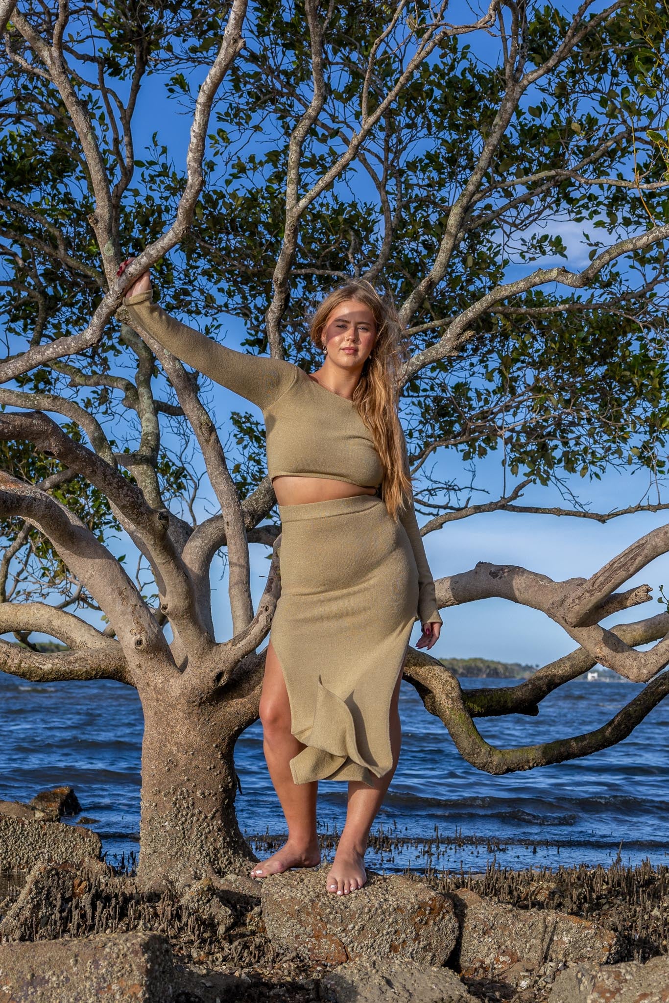 Front view of Zokkibee Bella long sleeve cotton crop top with fitted silhouette