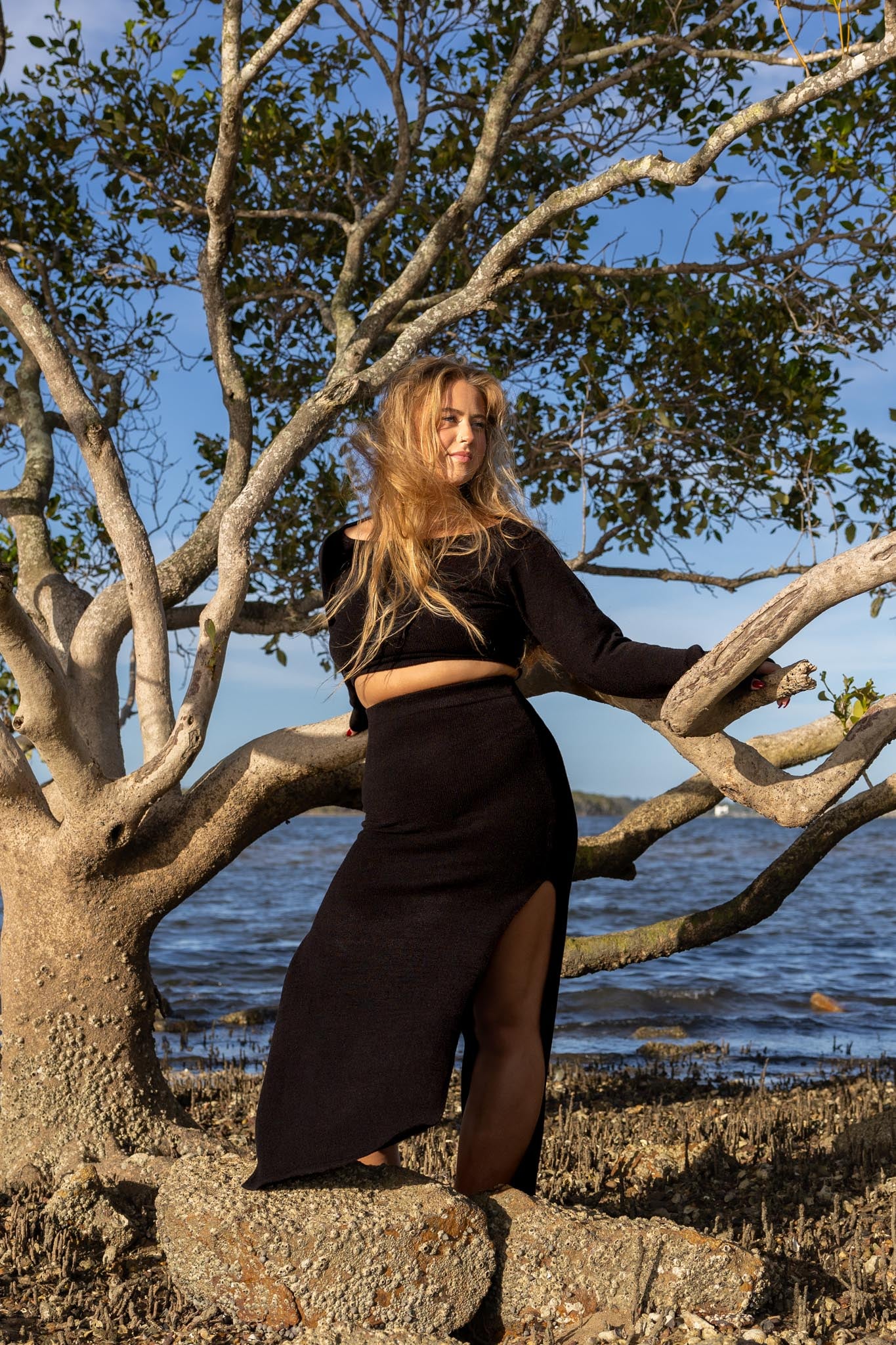 Front view of Zokkibee Bella long sleeve cotton crop top with fitted silhouette