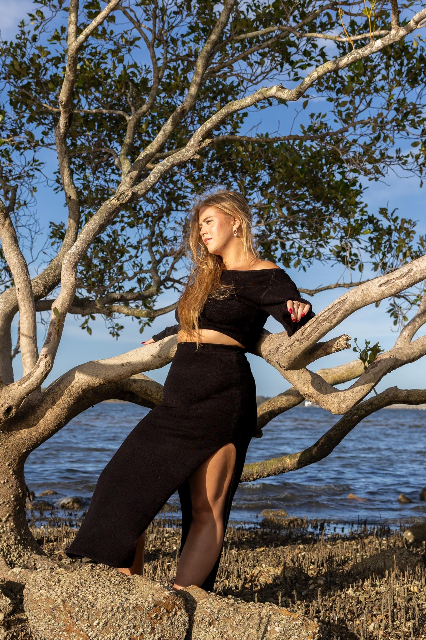 Front view of Zokkibee Bella long sleeve cotton crop top with fitted silhouette