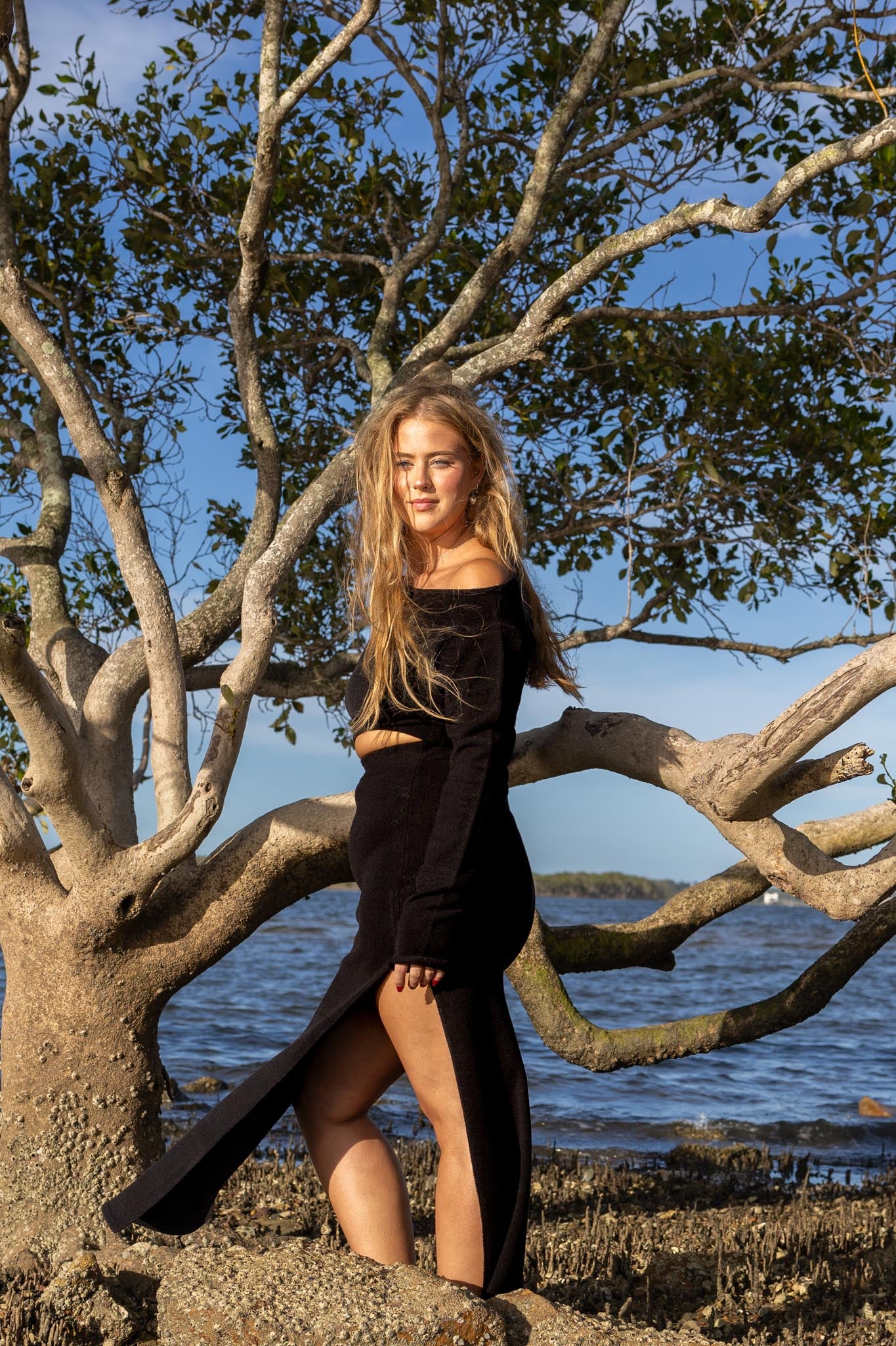 Side angle of Zokkibee Bella long sleeve crop top in cotton with modern cropped fit