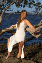 Model wearing Zokkibee Bianca knitted cotton dress featuring soft knit and flattering fit