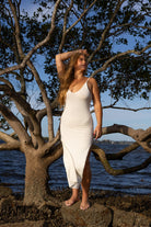 Front view of Zokkibee Bianca knitted cotton dress with textured knit pattern