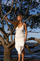 Front view of Zokkibee Bianca knitted cotton dress with textured knit pattern