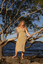 Front view of Zokkibee Bianca knitted cotton dress with textured knit pattern