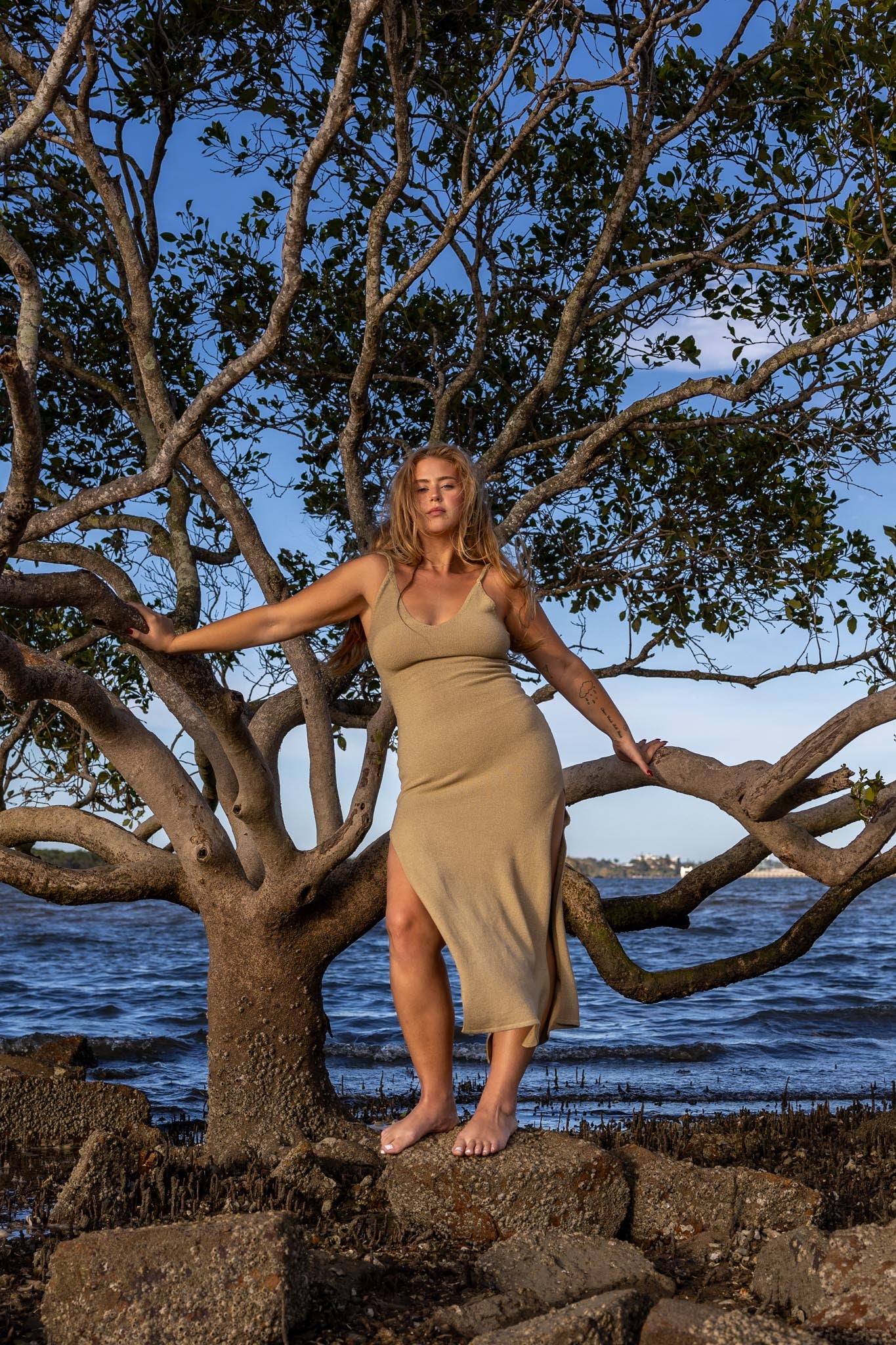 Front angle of Zokkibee Bianca cotton dress with fitted knitted silhouette