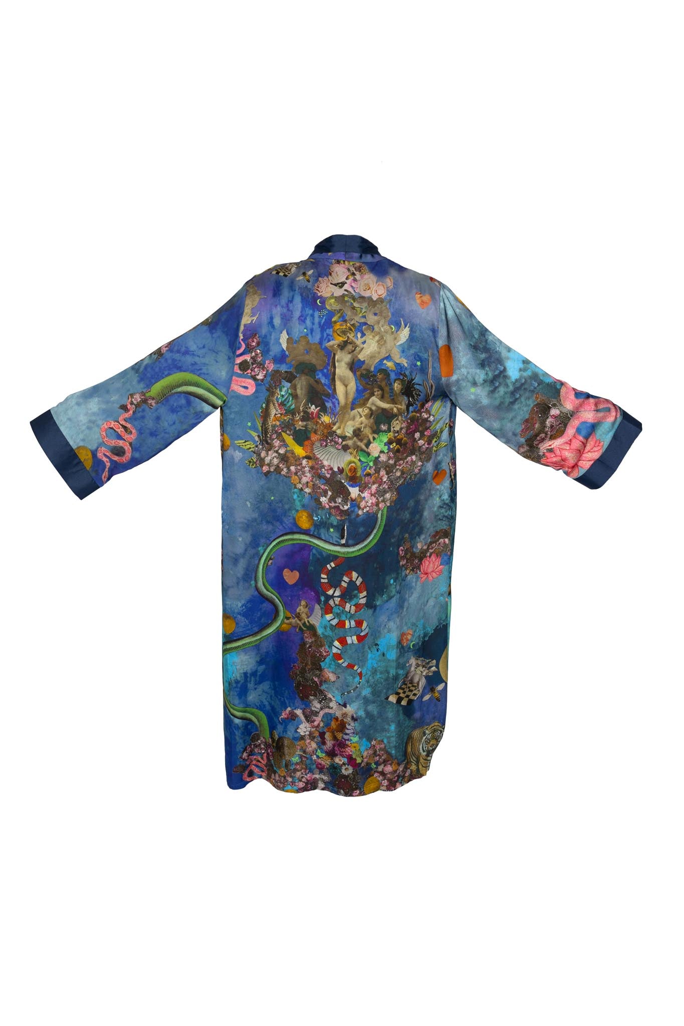 Back view of Birth of Venus kimono showing detailed artwork and elegant drape
