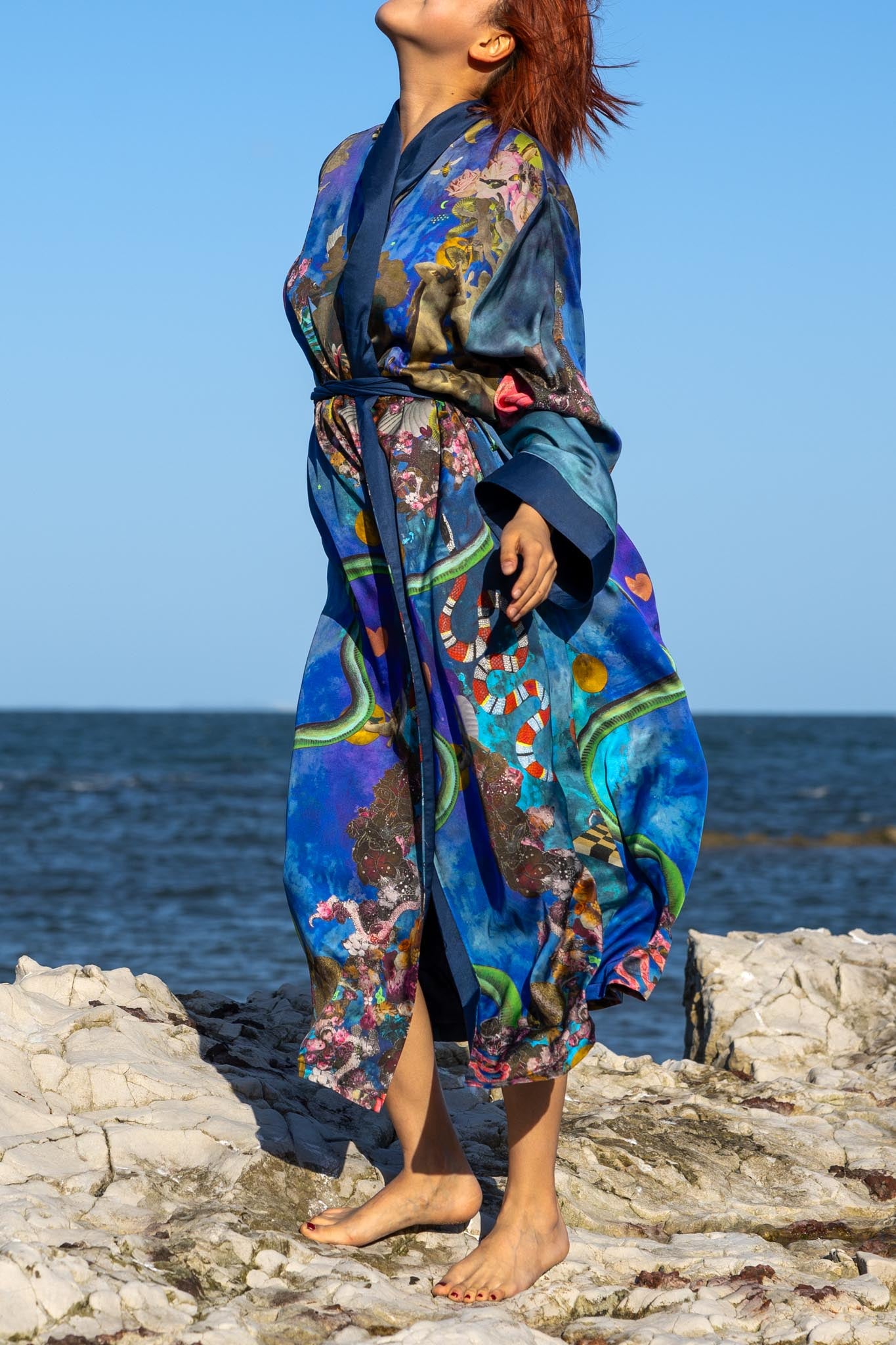 Side angle of Zokkibee Birth of Venus kimono highlighting unique print and relaxed fit