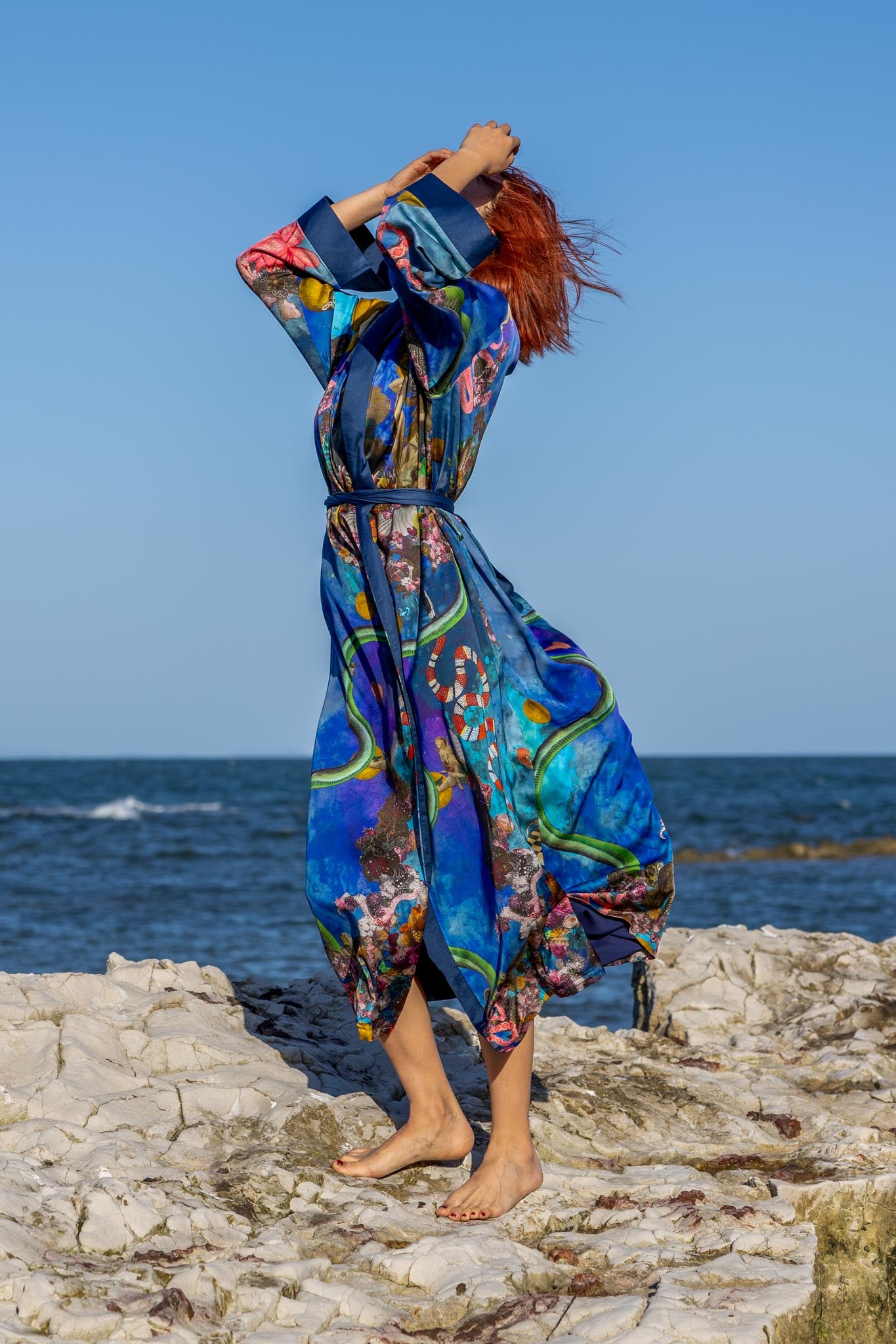 Side angle of Zokkibee Birth of Venus kimono highlighting unique print and relaxed fit