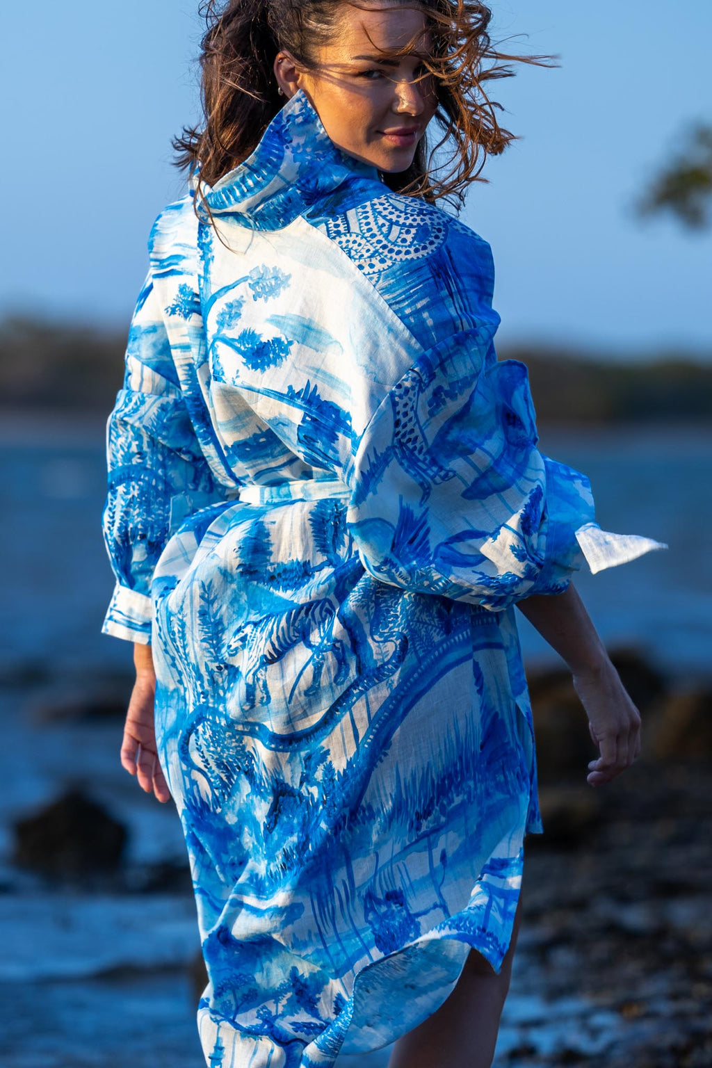 Model wearing Zokkibee Magic Garden linen shirt dress styled for modern, versatile fashion