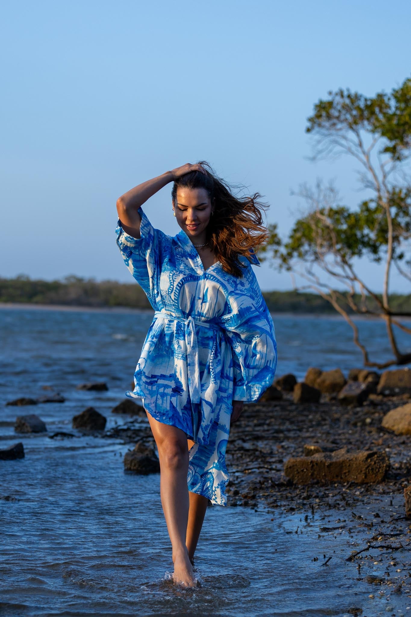 Front view of Zokkibee Magic Garden linen shirt dress with button-down design and relaxed fit