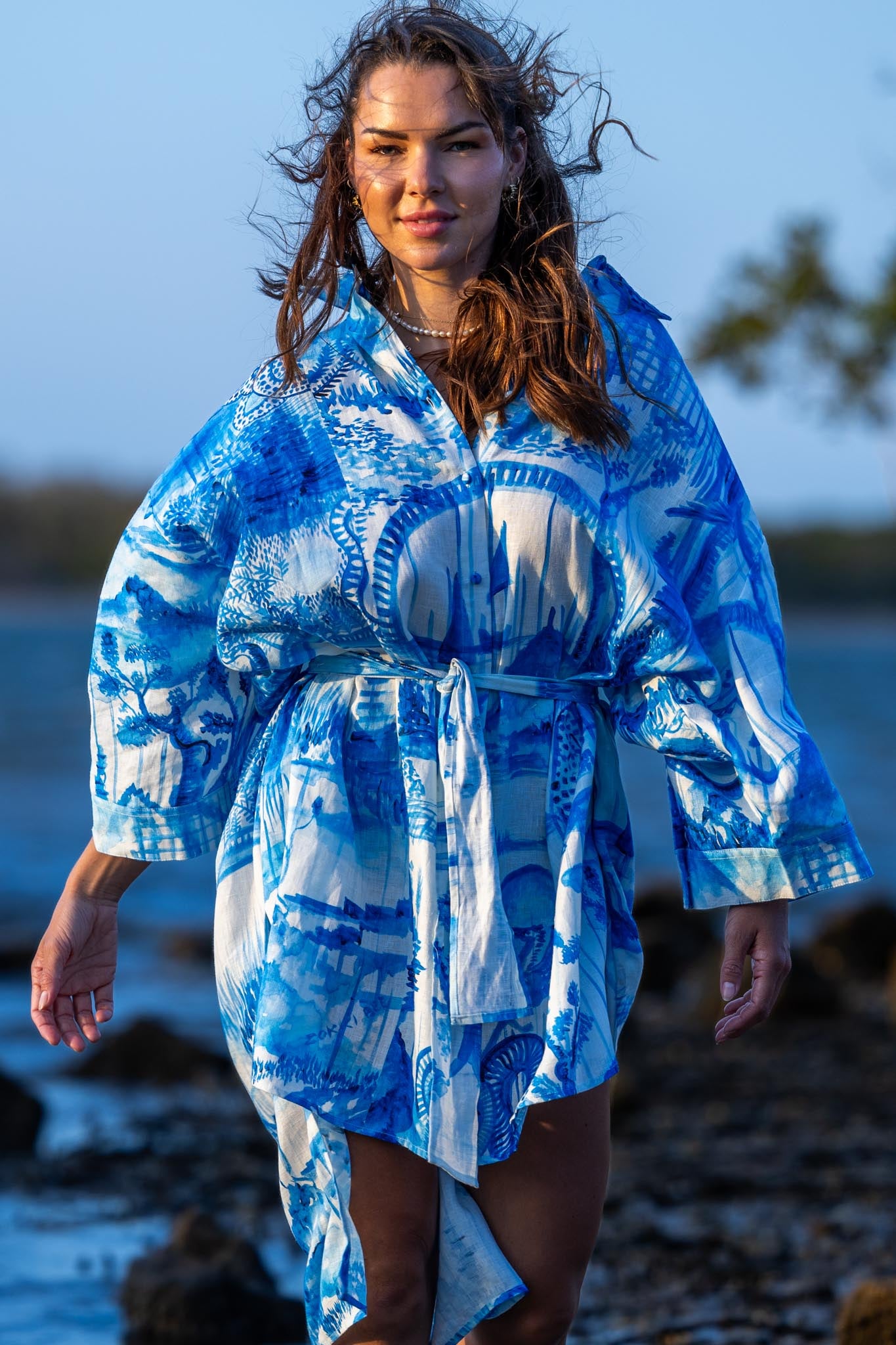 Front view of Zokkibee Magic Garden linen shirt dress with button-down design and relaxed fit
