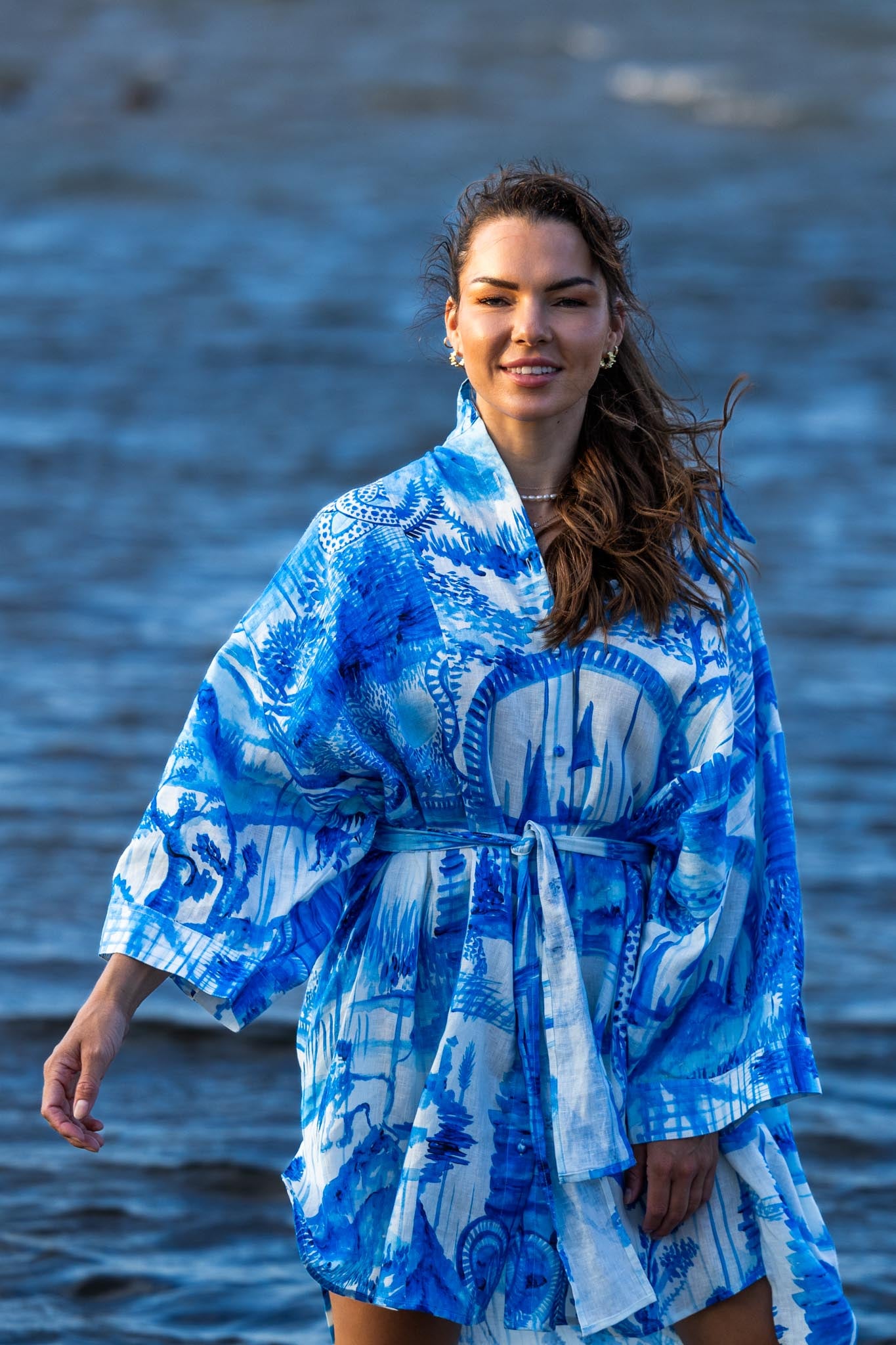 Front view of Zokkibee Magic Garden linen shirt dress with button-down design and relaxed fit