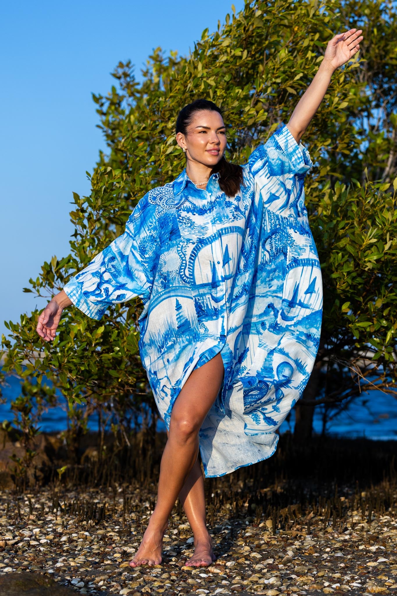 Front view of Zokkibee Magic Garden linen shirt dress with button-down design and relaxed fit