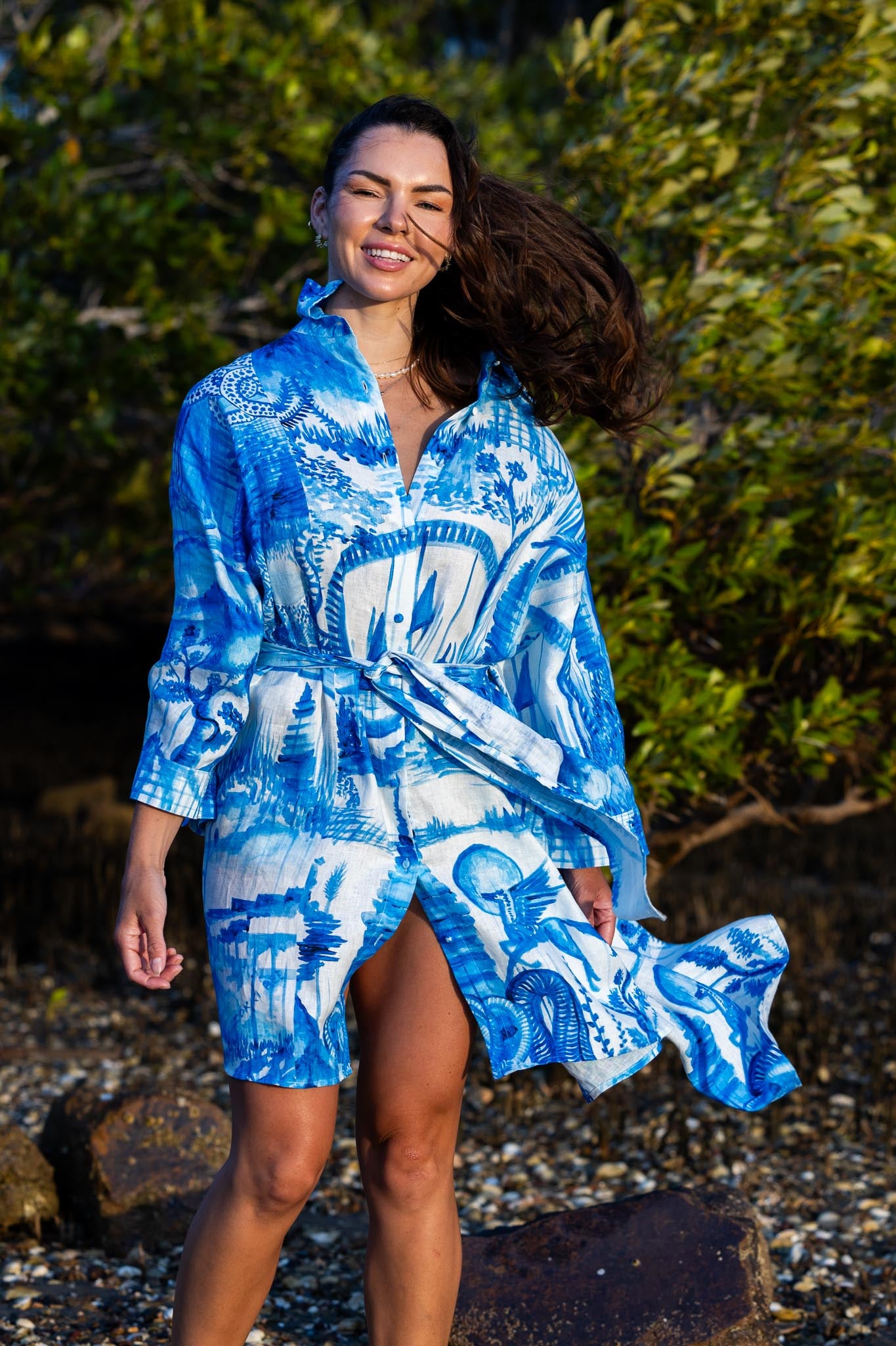 Front view of Zokkibee Magic Garden linen shirt dress with button-down design and relaxed fit