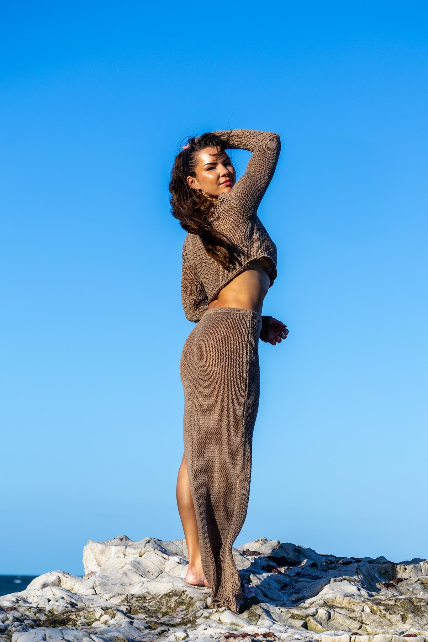 Back view of Marbella cotton skirt and crop top set showing matching design and comfortable fit