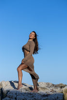 Model wearing Zokkibee Marbella cotton skirt and crop top set styled for summer fashion