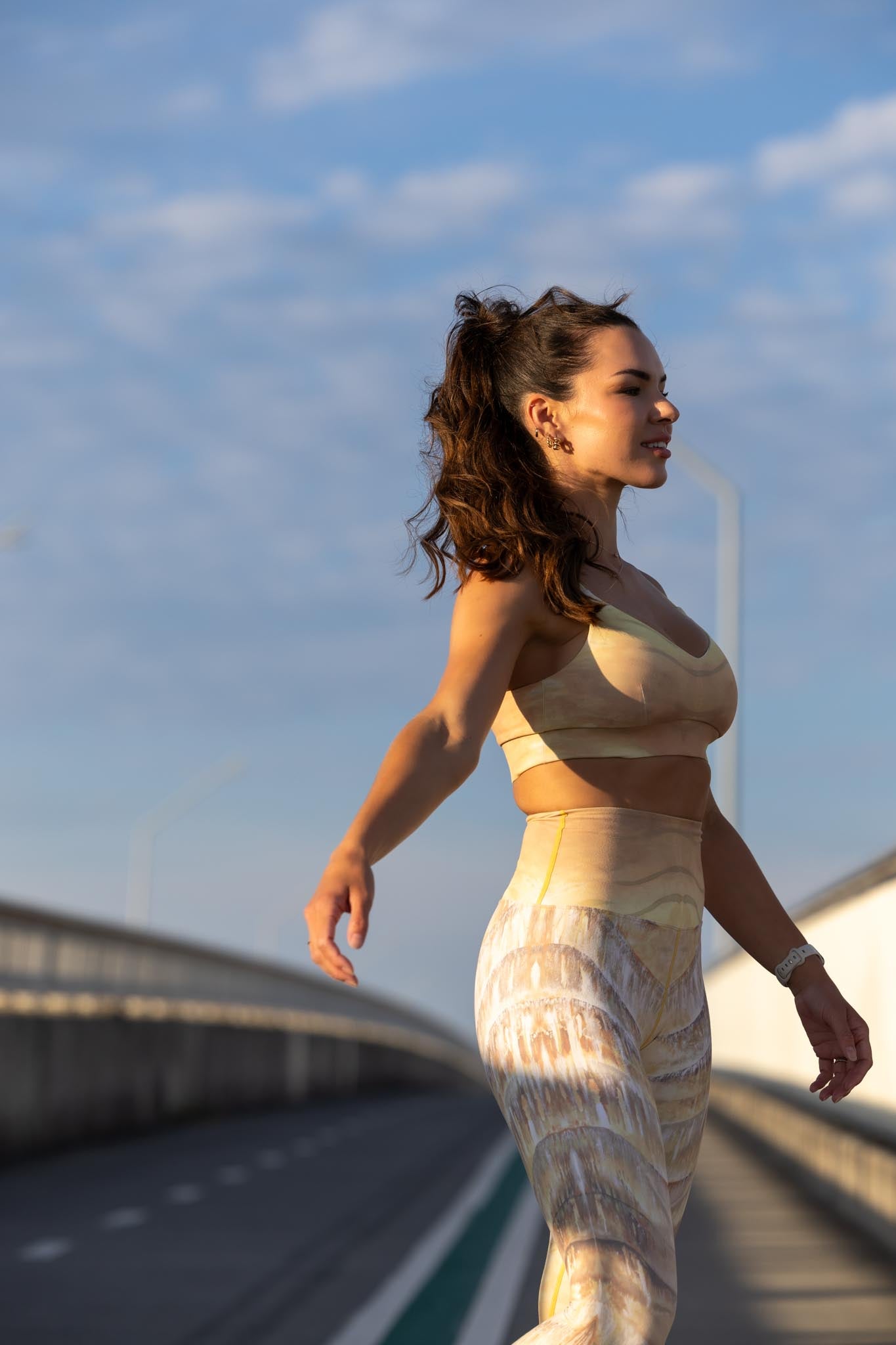 Side angle of Zokkibee Nomad leggings and crop top highlighting stretch fabric and modern design