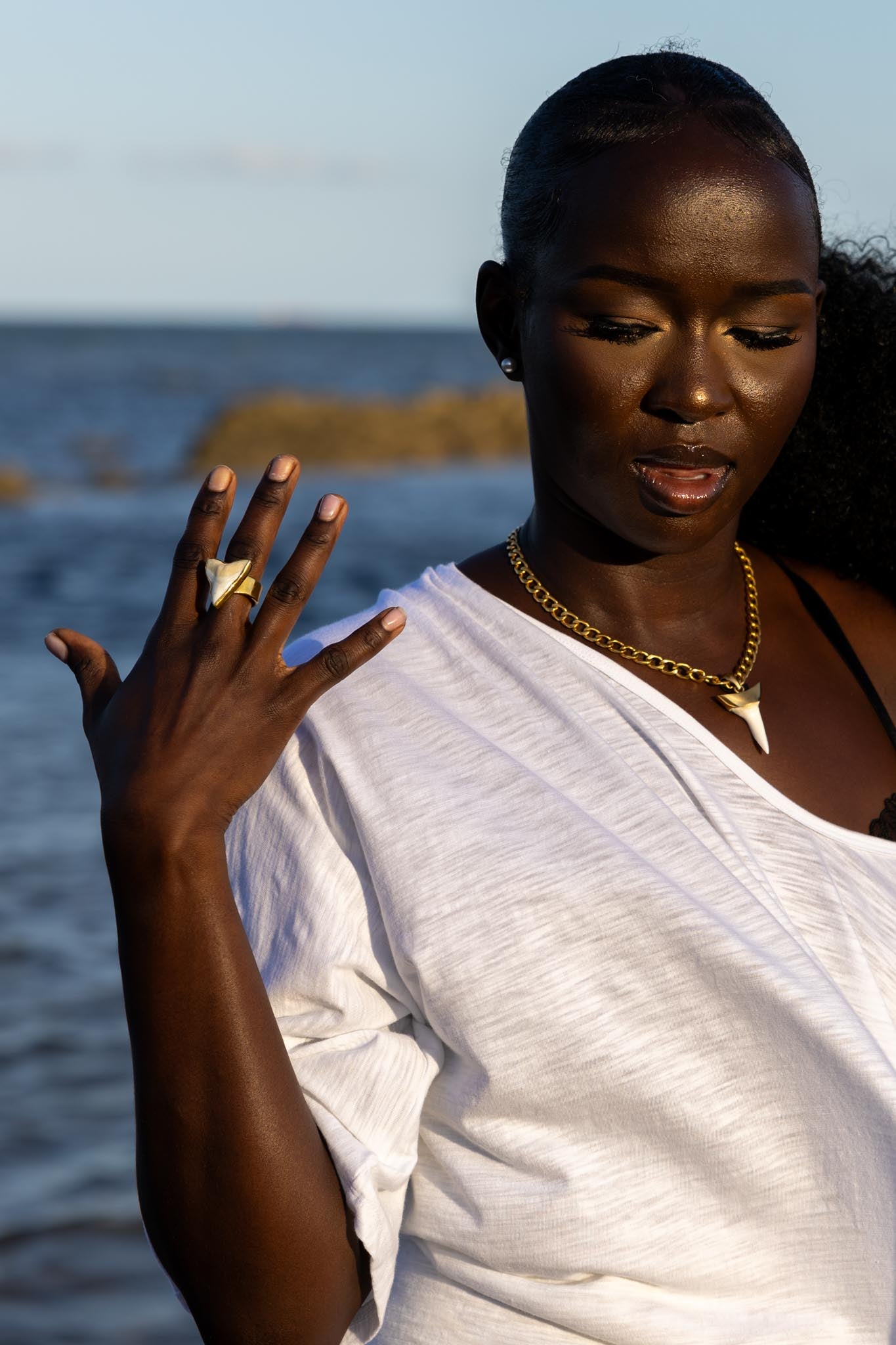 Front view of Zokkibee shark tooth ring with natural shark tooth set on finger band