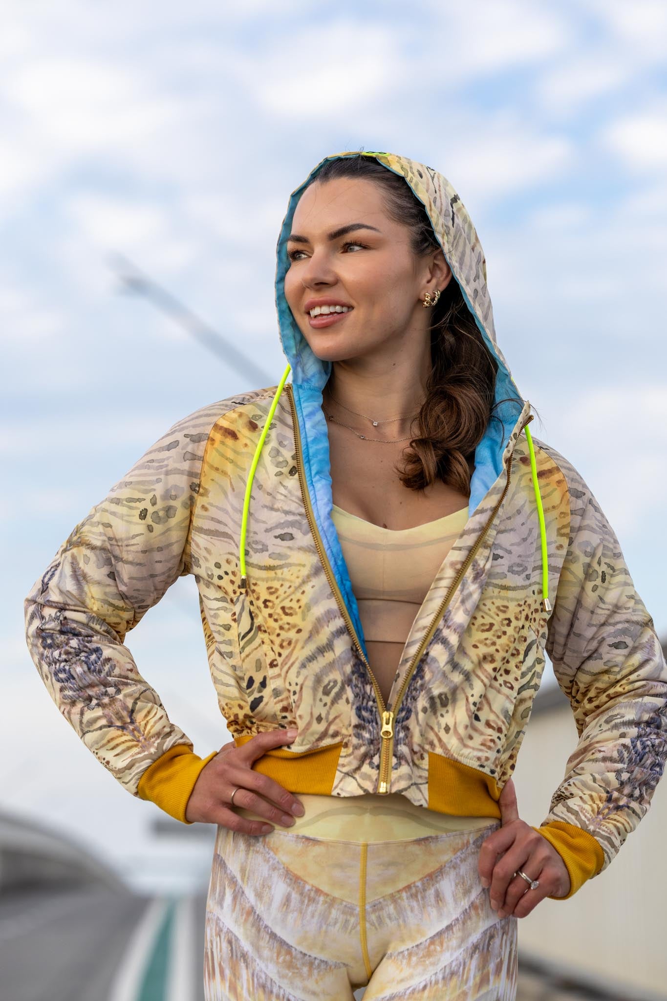 Model wearing Zokkibee tiger jacket styled for bold, modern fashion