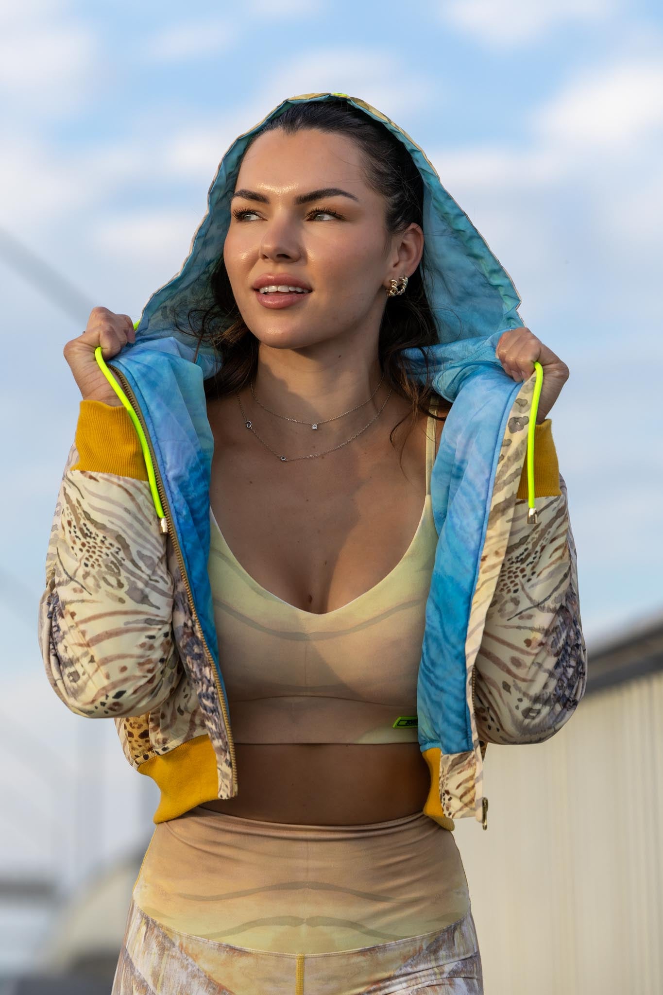Front view of Zokkibee tiger jacket with bold tiger print and classic fit