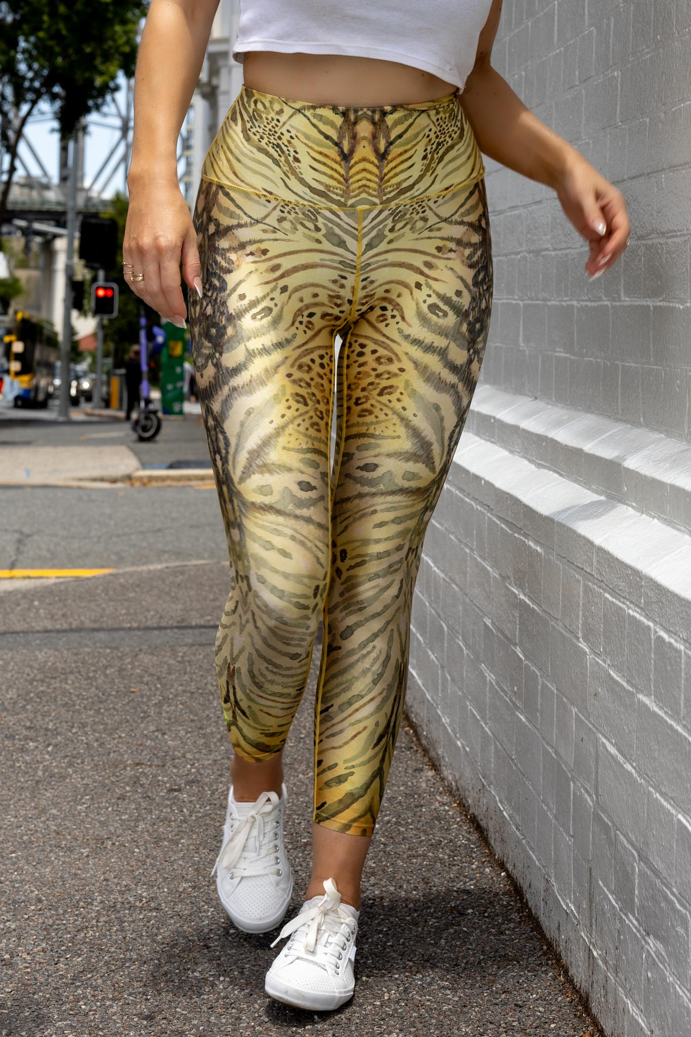 Front view of Zokkibee tiger leggings with bold tiger print and high-waisted fit