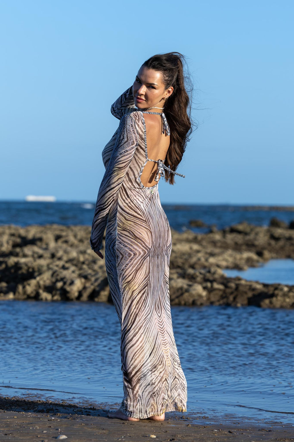 Back view of zebra mesh dress highlighting sheer material and striking zebra pattern