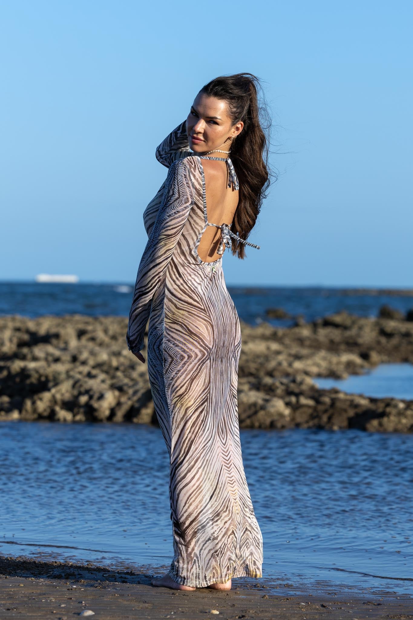 Back view of zebra mesh dress highlighting sheer material and striking zebra pattern