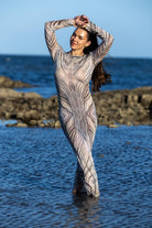 Front view of Zokkibee zebra mesh dress with sheer mesh fabric and bold zebra print