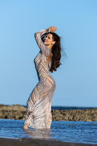 ide angle of Zokkibee zebra mesh dress showing fitted style and mesh texture