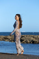 ide angle of Zokkibee zebra mesh dress showing fitted style and mesh texture