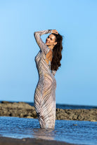 ide angle of Zokkibee zebra mesh dress showing fitted style and mesh texture